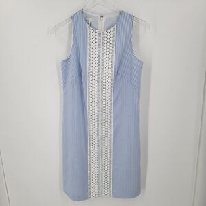 London Times Dress Women's 4 Blue White Stripe Lace Seersucker Zip Up Back